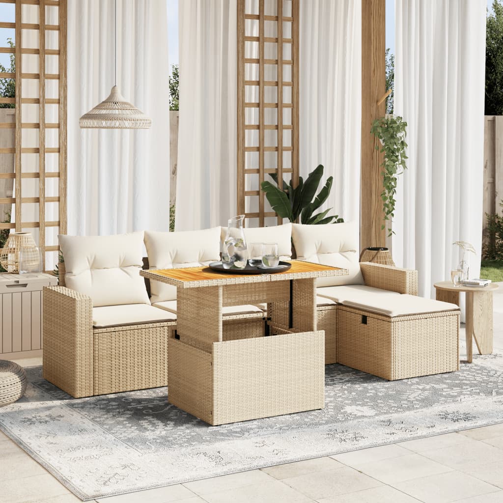 VidaXL 6-delige Loungeset met kussens poly rattan beige