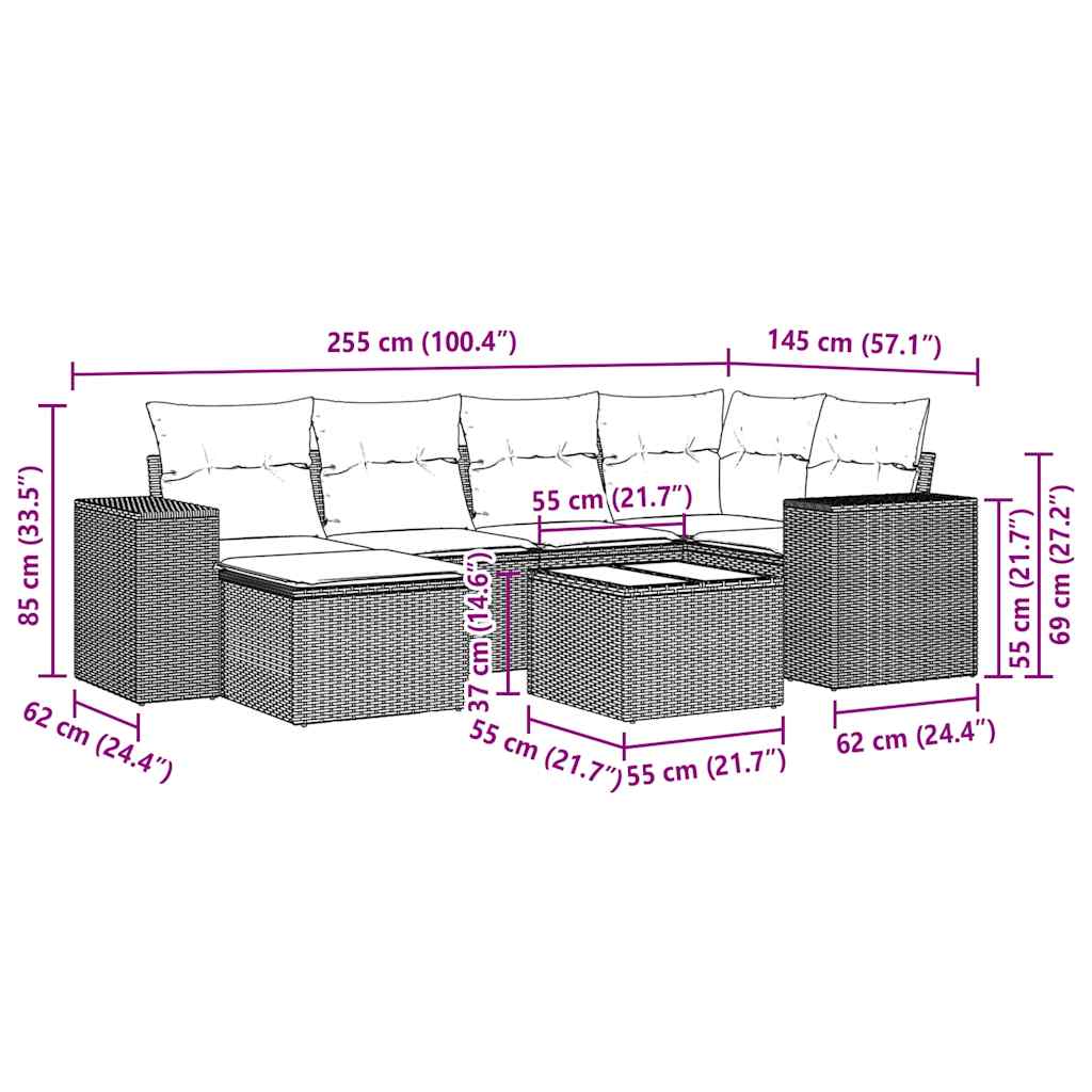 vidaXL 7-delige Loungeset met kussens poly rattan lichtgrijs