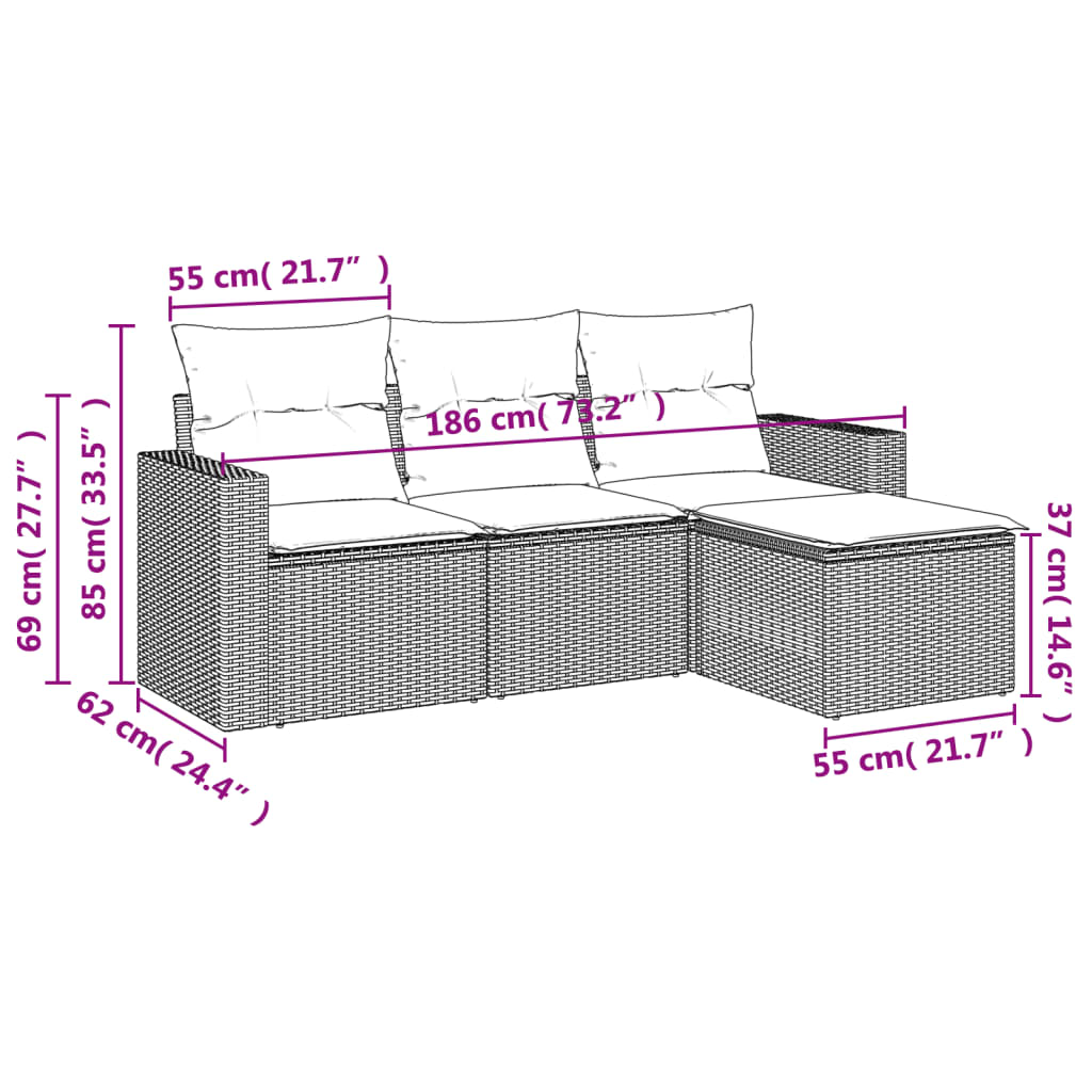 vidaXL 4-delige Loungeset met kussens poly rattan beige