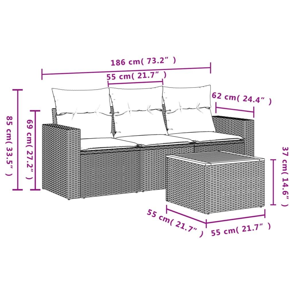 vidaXL 4-delige Loungeset met kussens poly rattan beige