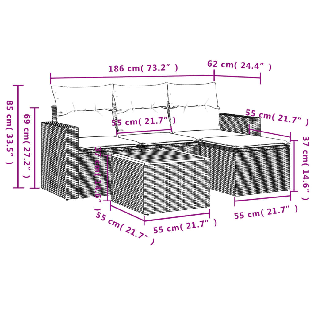 vidaXL 5-delige Loungeset met kussens poly rattan beige