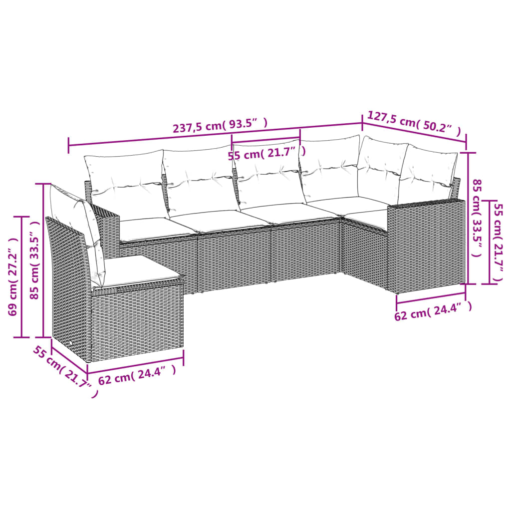 vidaXL 6-delige Loungeset met kussens poly rattan beige