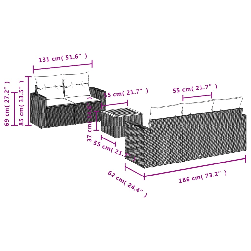 vidaXL 6-delige Loungeset met kussens poly rattan beige