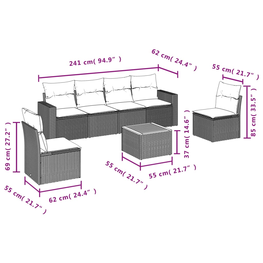 vidaXL 7-delige Loungeset met kussens poly rattan beige