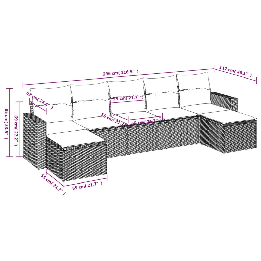 vidaXL 7-delige Loungeset met kussens poly rattan beige