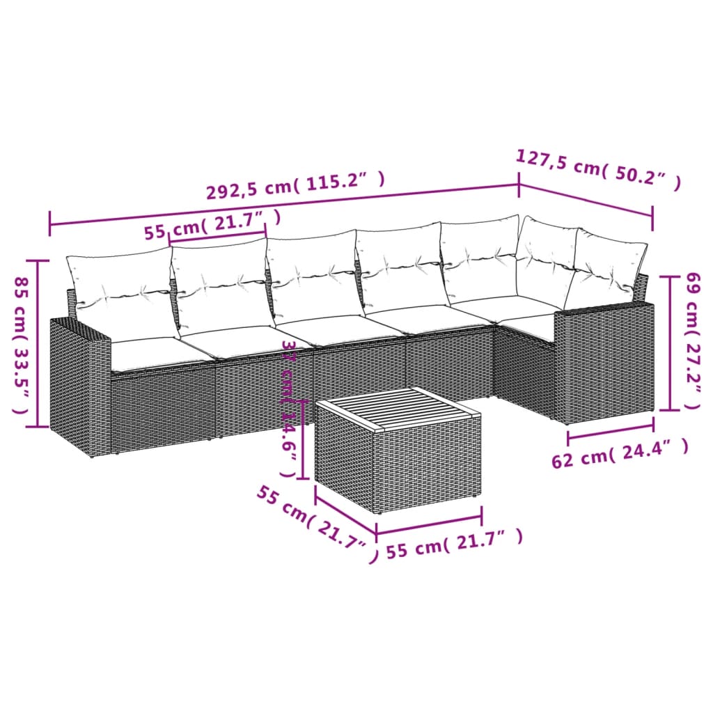 vidaXL 7-delige Loungeset met kussens poly rattan beige