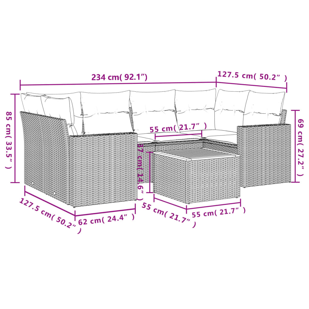 vidaXL 7-delige Loungeset met kussens poly rattan beige