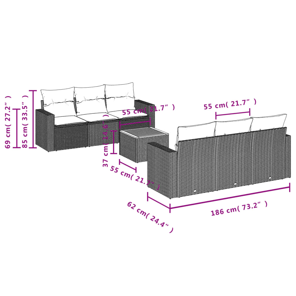 vidaXL 7-delige Loungeset met kussens poly rattan beige