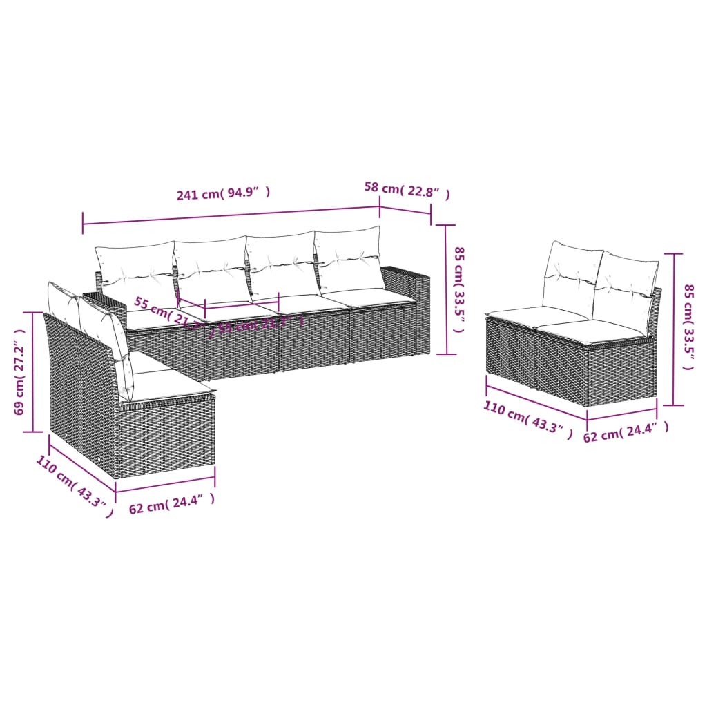 vidaXL 8-delige Loungeset met kussens poly rattan beige