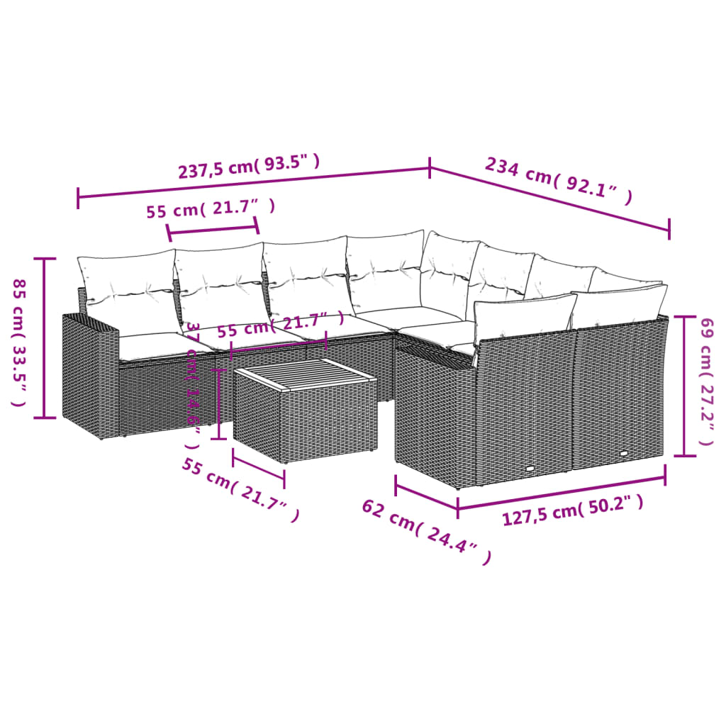 vidaXL 9-delige Loungeset met kussens poly rattan beige