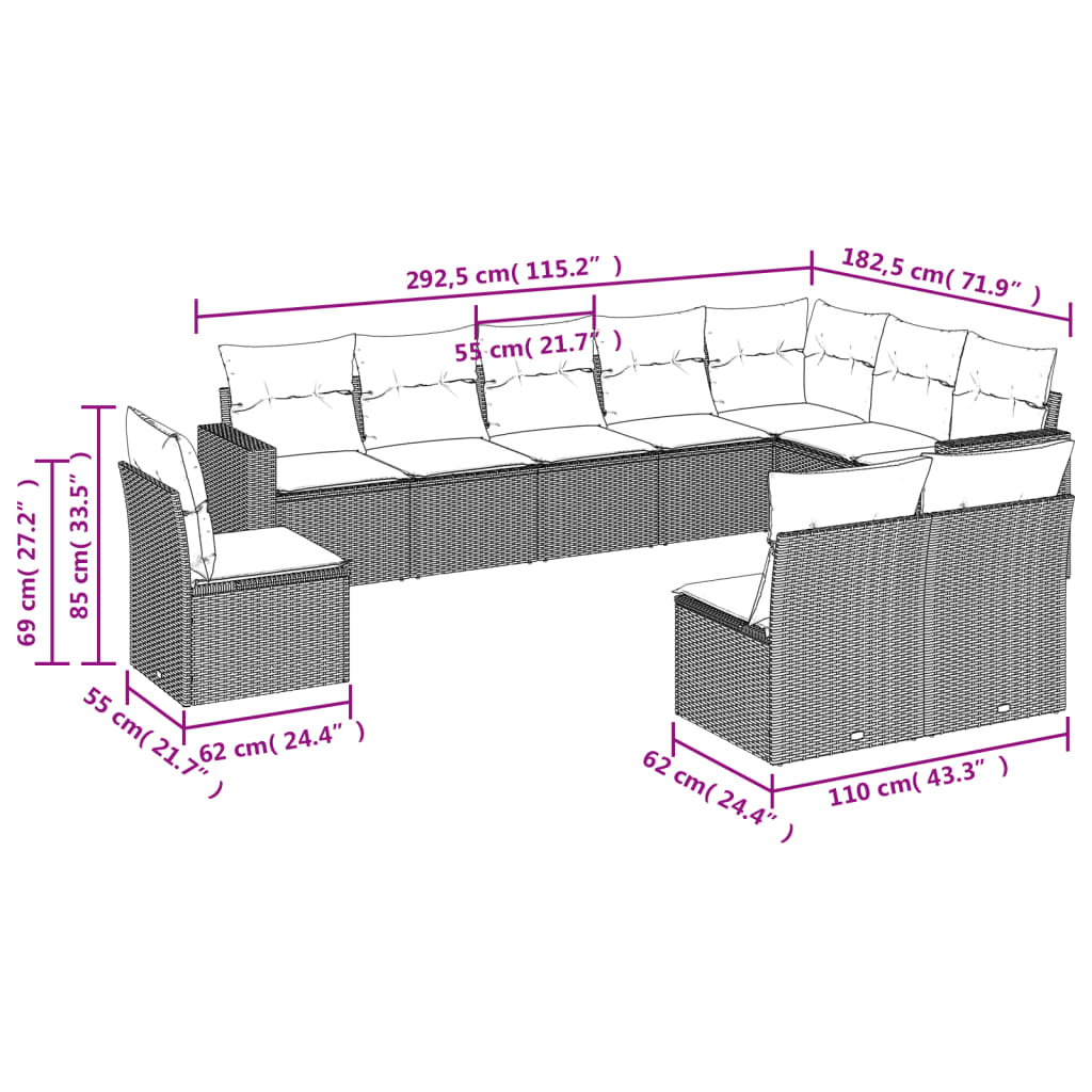 vidaXL 10-delige Loungeset met kussens poly rattan beige