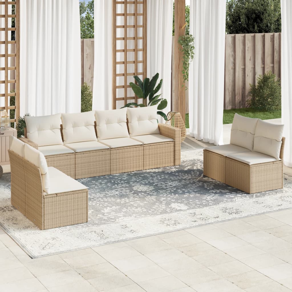 VidaXL 9-delige Loungeset met kussens poly rattan beige