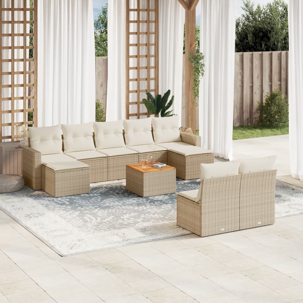 VidaXL 10-delige Loungeset met kussens poly rattan beige