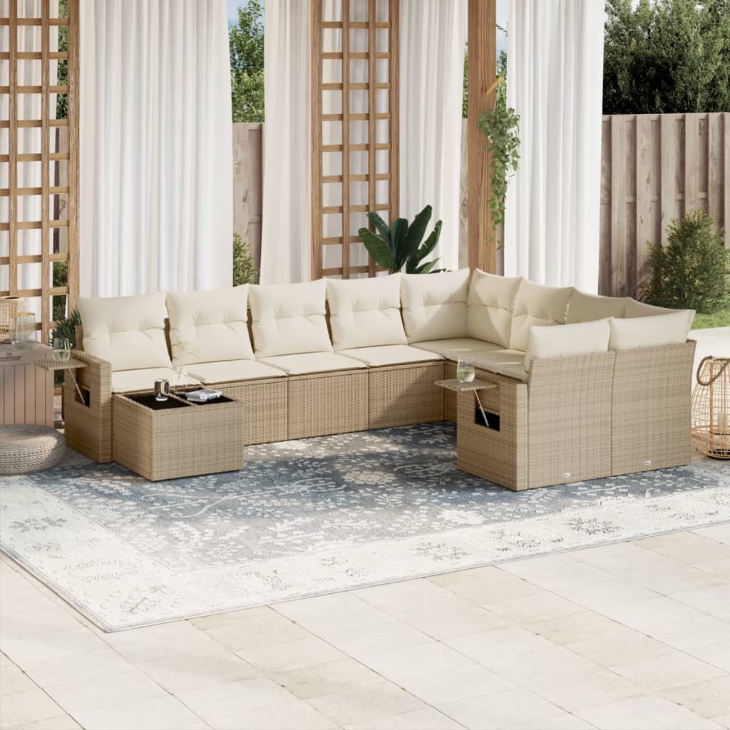 VidaXL 10-delige Loungeset met kussens poly rattan beige