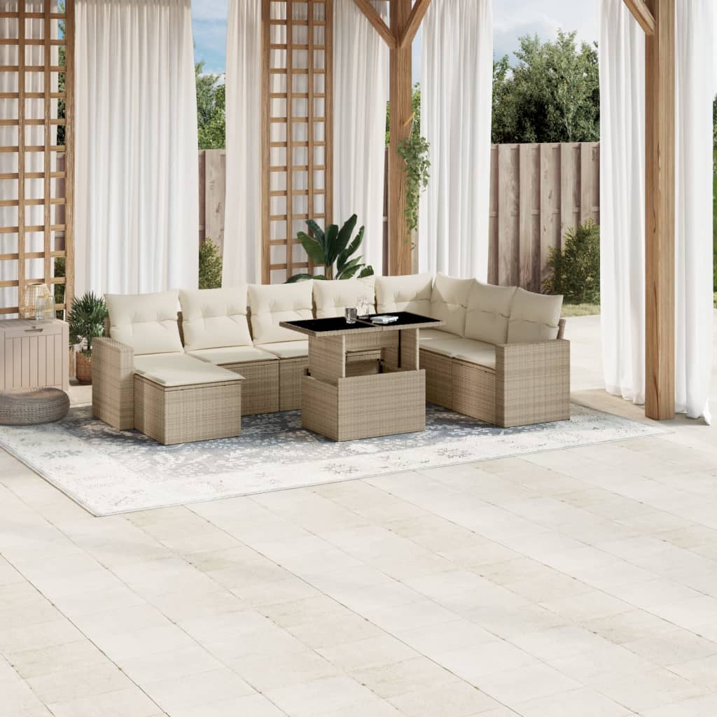 VidaXL 9-delige Loungeset met kussens poly rattan beige