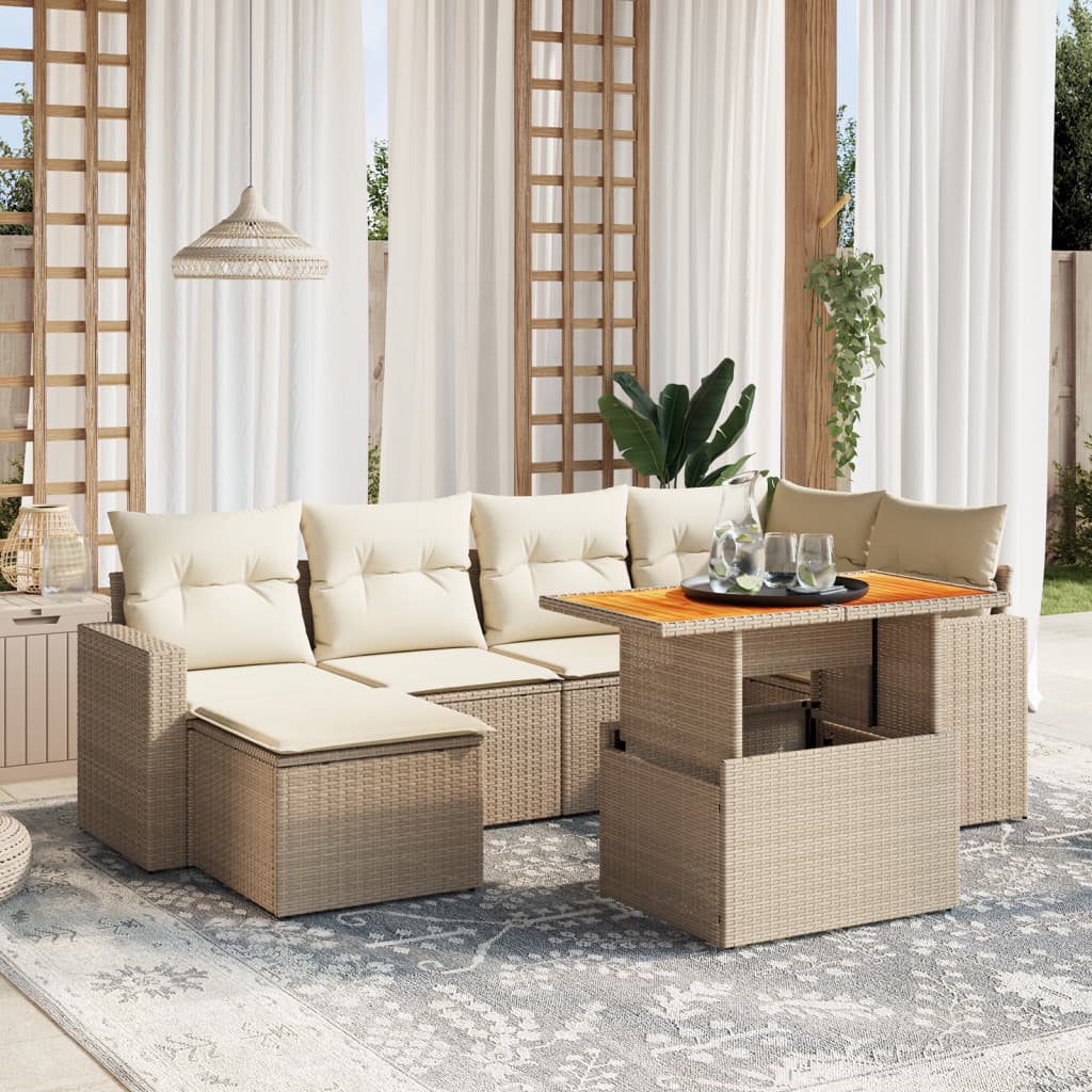 VidaXL 7-delige Loungeset met kussens poly rattan beige