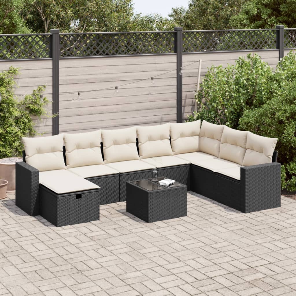 VidaXL 9-delige Loungeset met kussens poly rattan zwart