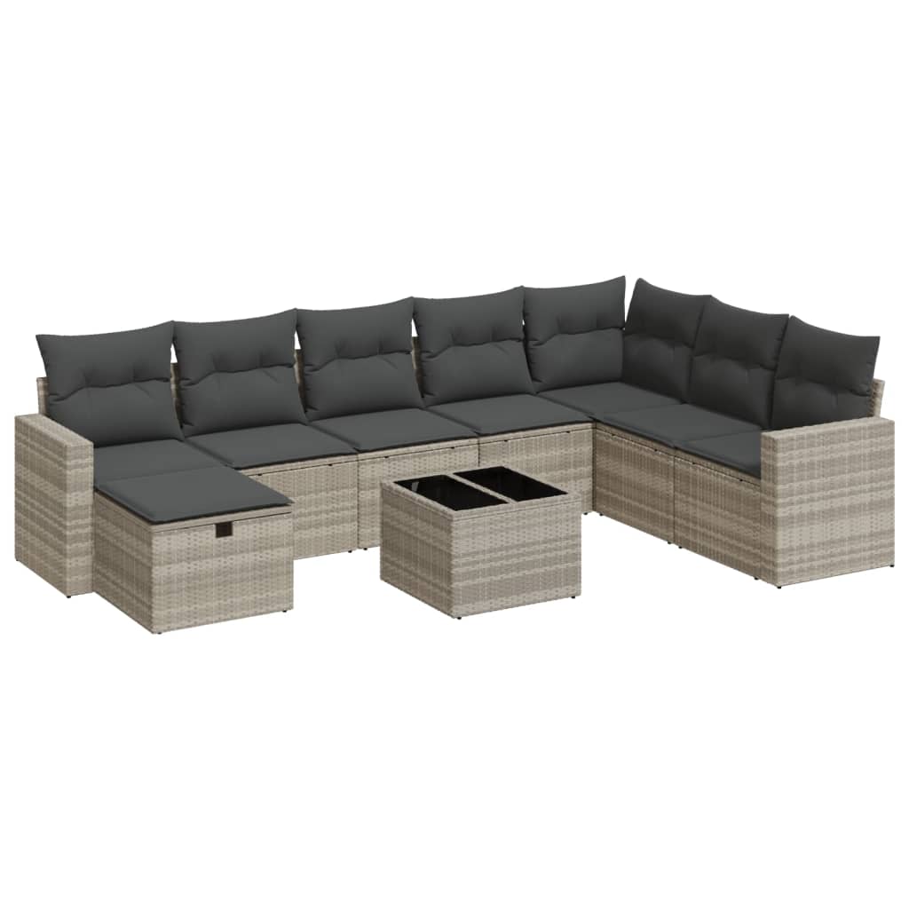 VidaXL 9-delige Loungeset met kussens poly rattan lichtgrijs