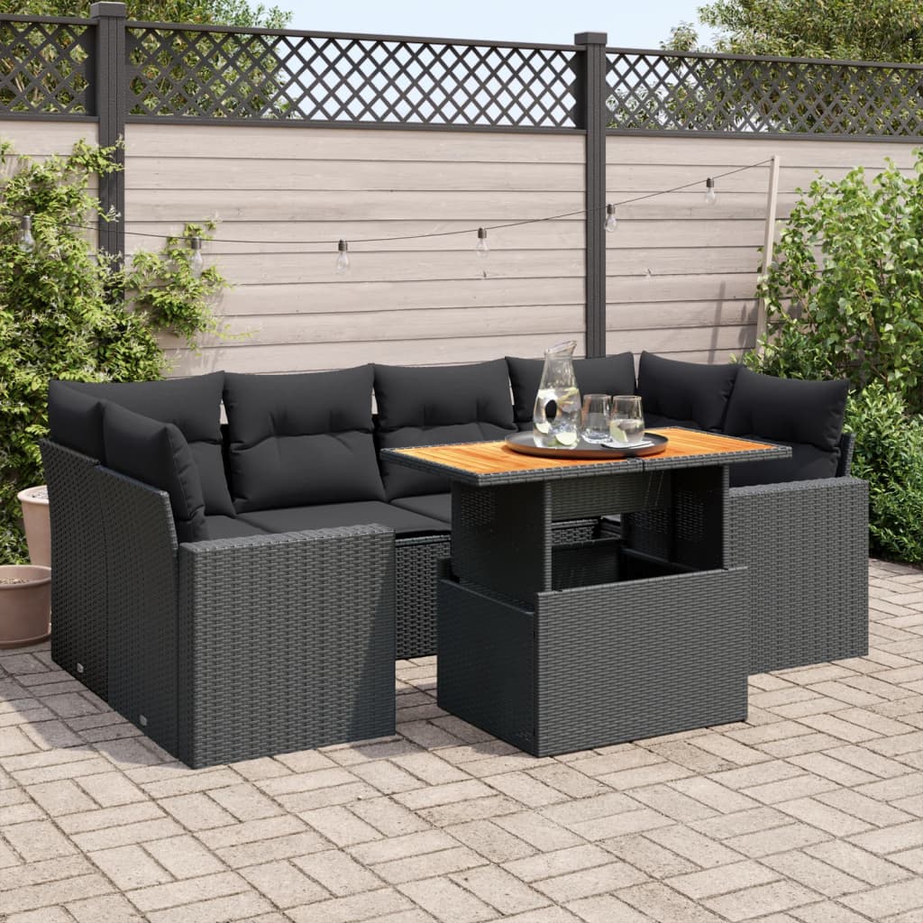 VidaXL 7-delige Loungeset met kussens poly rattan zwart