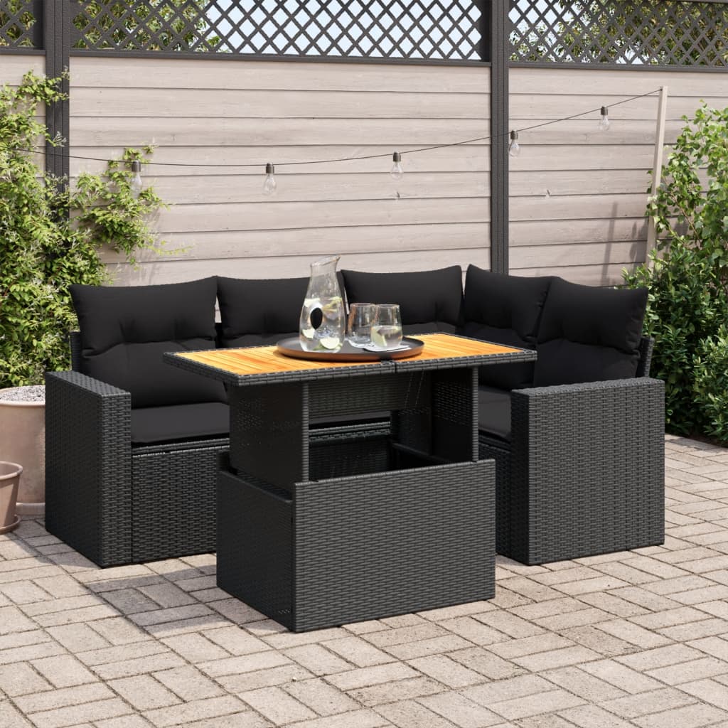 VidaXL 5-delige Loungeset met kussens poly rattan zwart