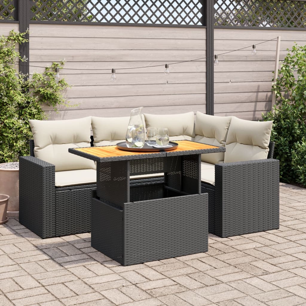 VidaXL 5-delige Loungeset met kussens poly rattan zwart