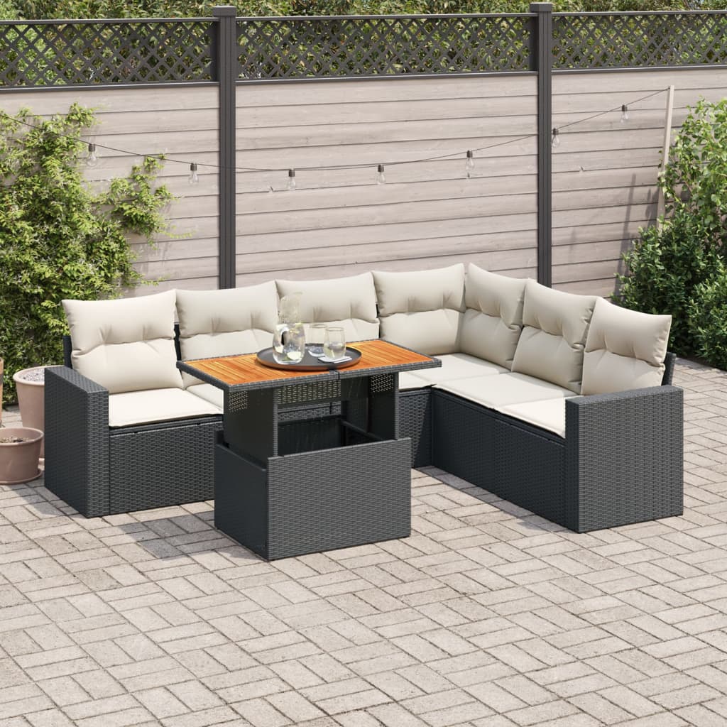 VidaXL 7-delige Loungeset met kussens poly rattan zwart