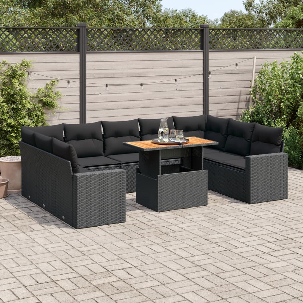 VidaXL 10-delige Loungeset met kussens poly rattan zwart