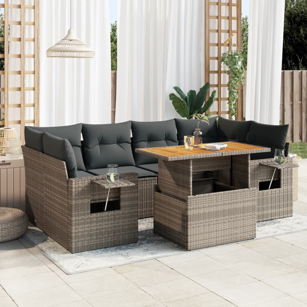 VidaXL 7-delige Loungeset met kussens poly rattan grijs