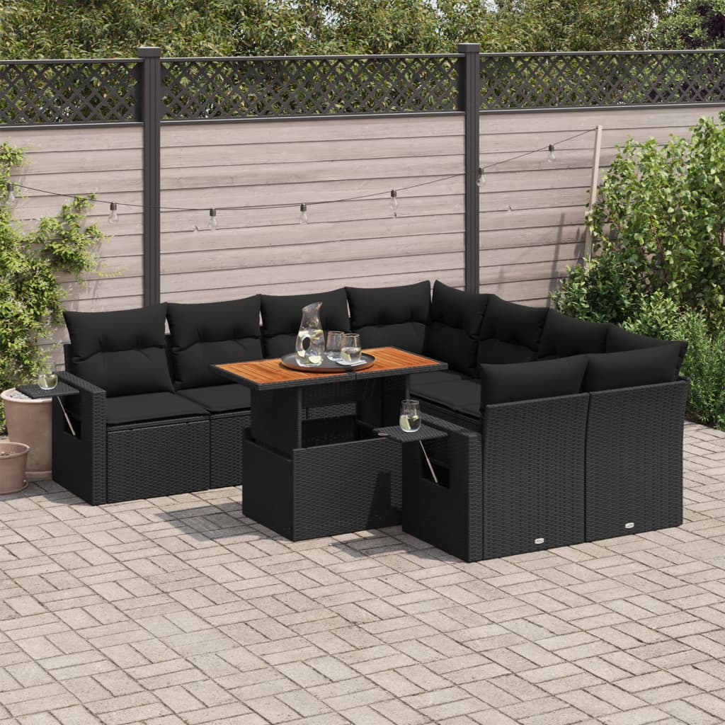 VidaXL 9-delige Loungeset met kussens poly rattan zwart