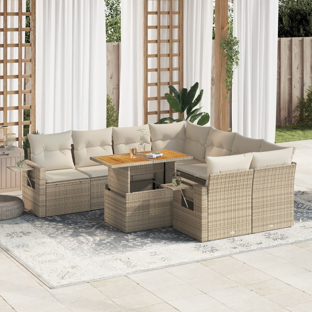 VidaXL 9-delige Loungeset met kussens poly rattan beige