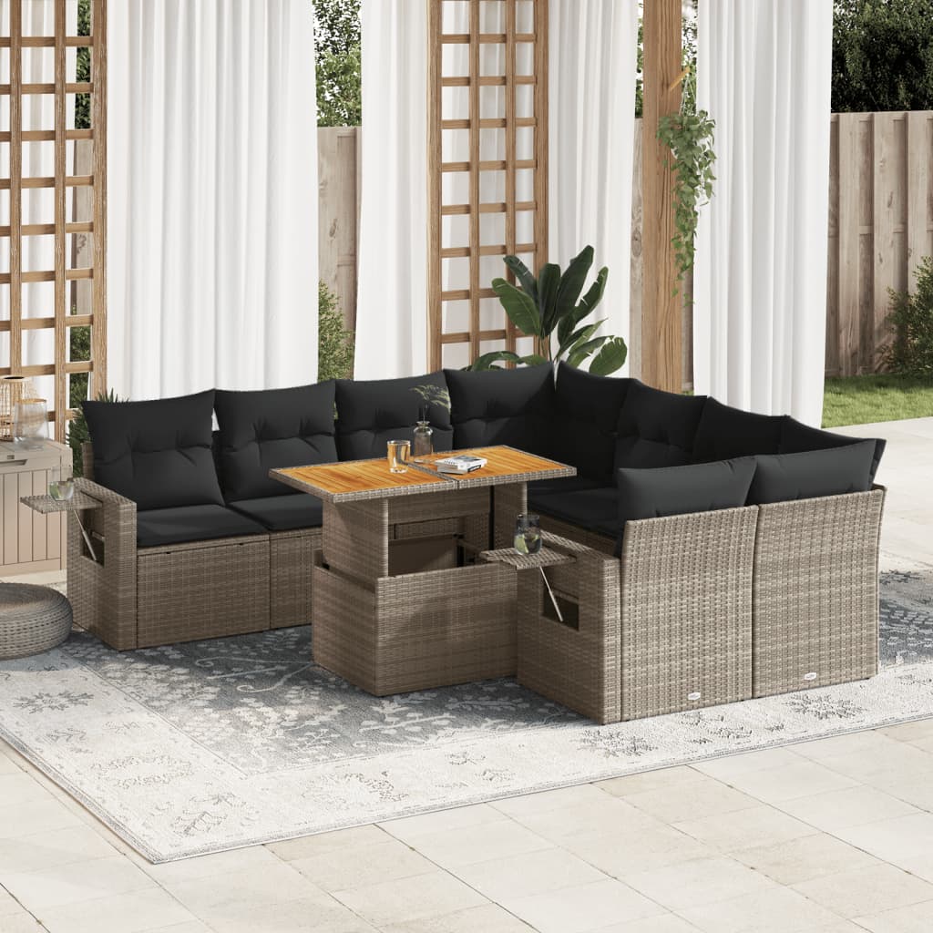 VidaXL 9-delige Loungeset met kussens poly rattan grijs