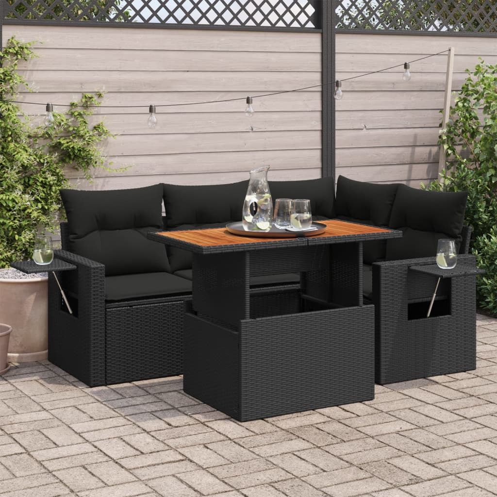 VidaXL 5-delige Loungeset met kussens poly rattan zwart