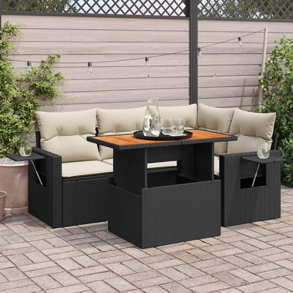 VidaXL 5-delige Loungeset met kussens poly rattan zwart