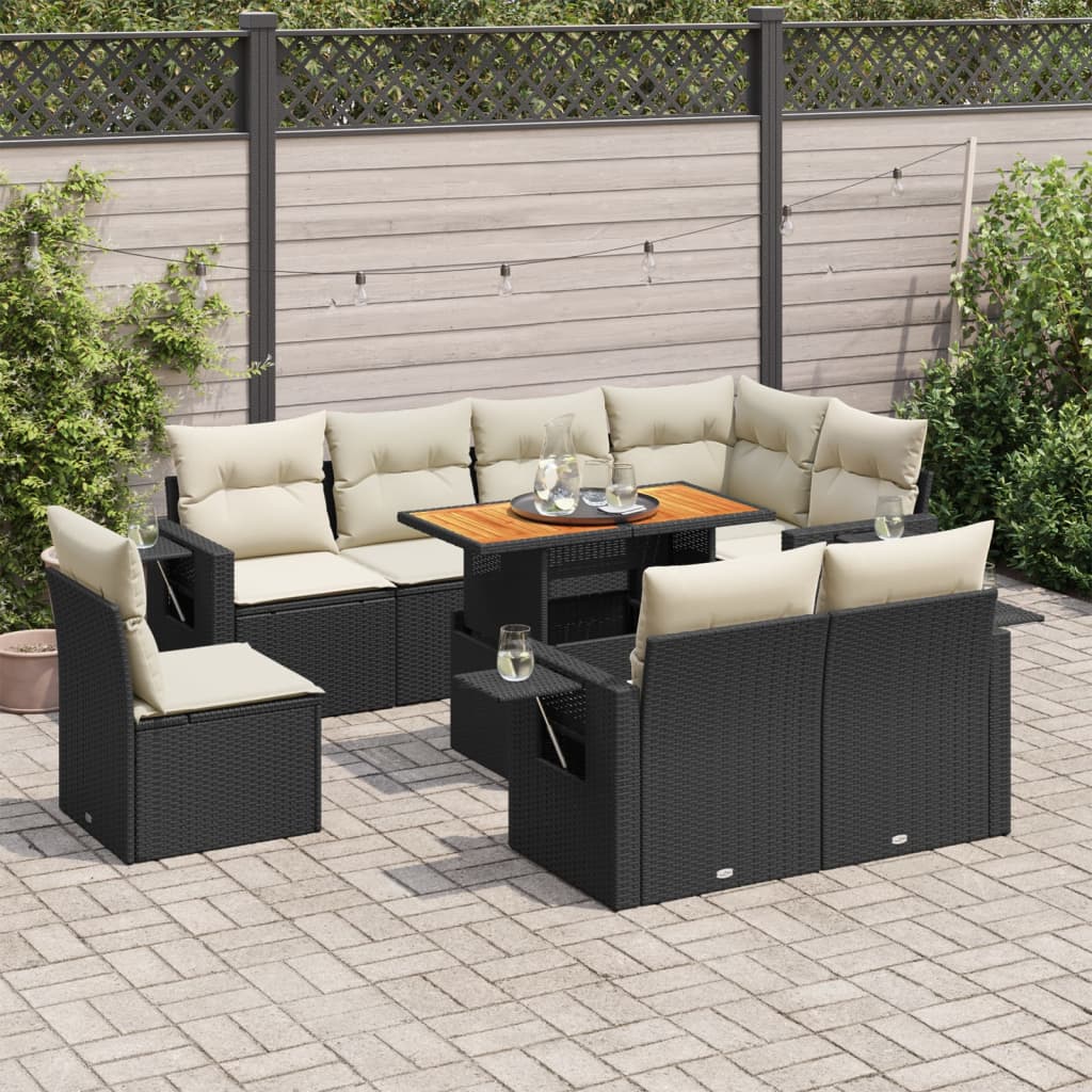 VidaXL 9-delige Loungeset met kussens poly rattan zwart