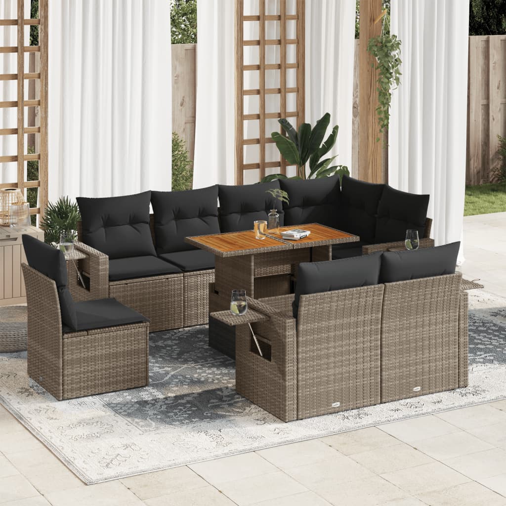 VidaXL 9-delige Loungeset met kussens poly rattan grijs