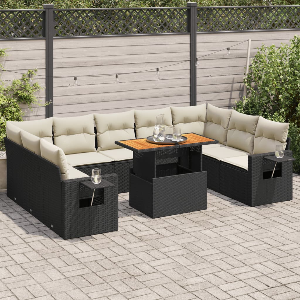 VidaXL 10-delige Loungeset met kussens poly rattan zwart