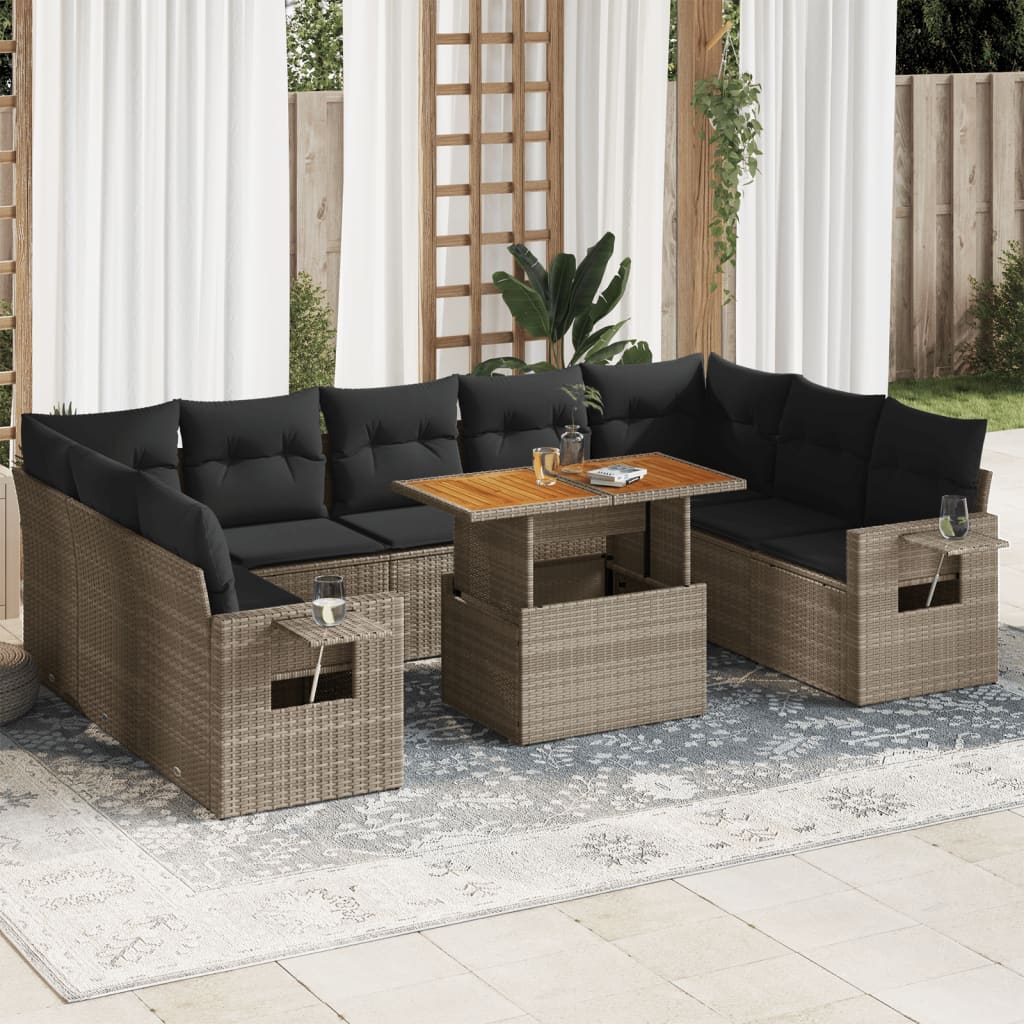 VidaXL 10-delige Loungeset met kussens poly rattan grijs