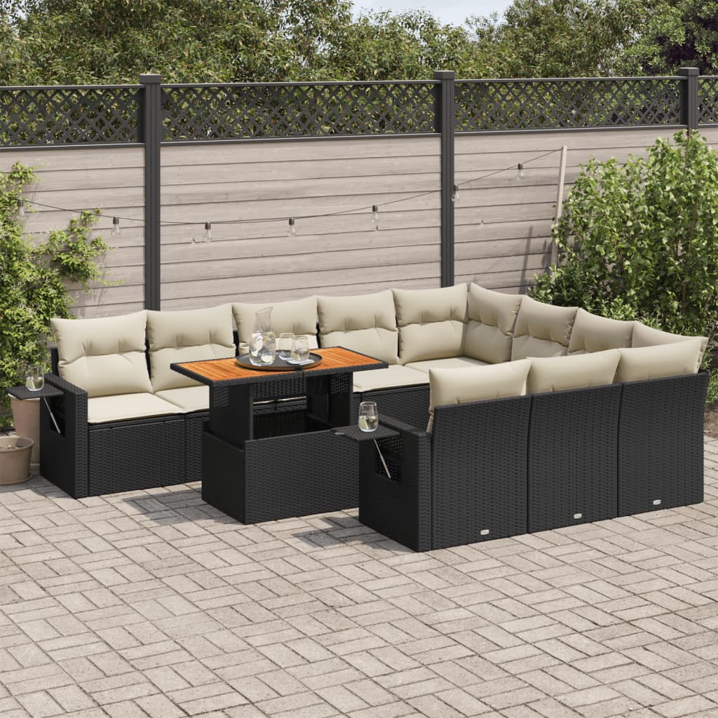 VidaXL 11-delige Loungeset met kussens poly rattan zwart