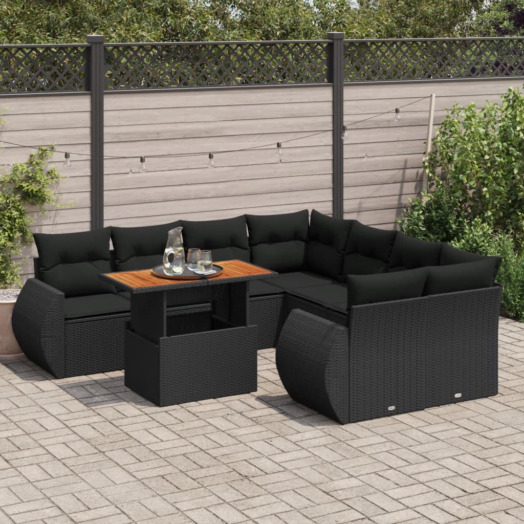 VidaXL 9-delige Loungeset met kussens poly rattan zwart