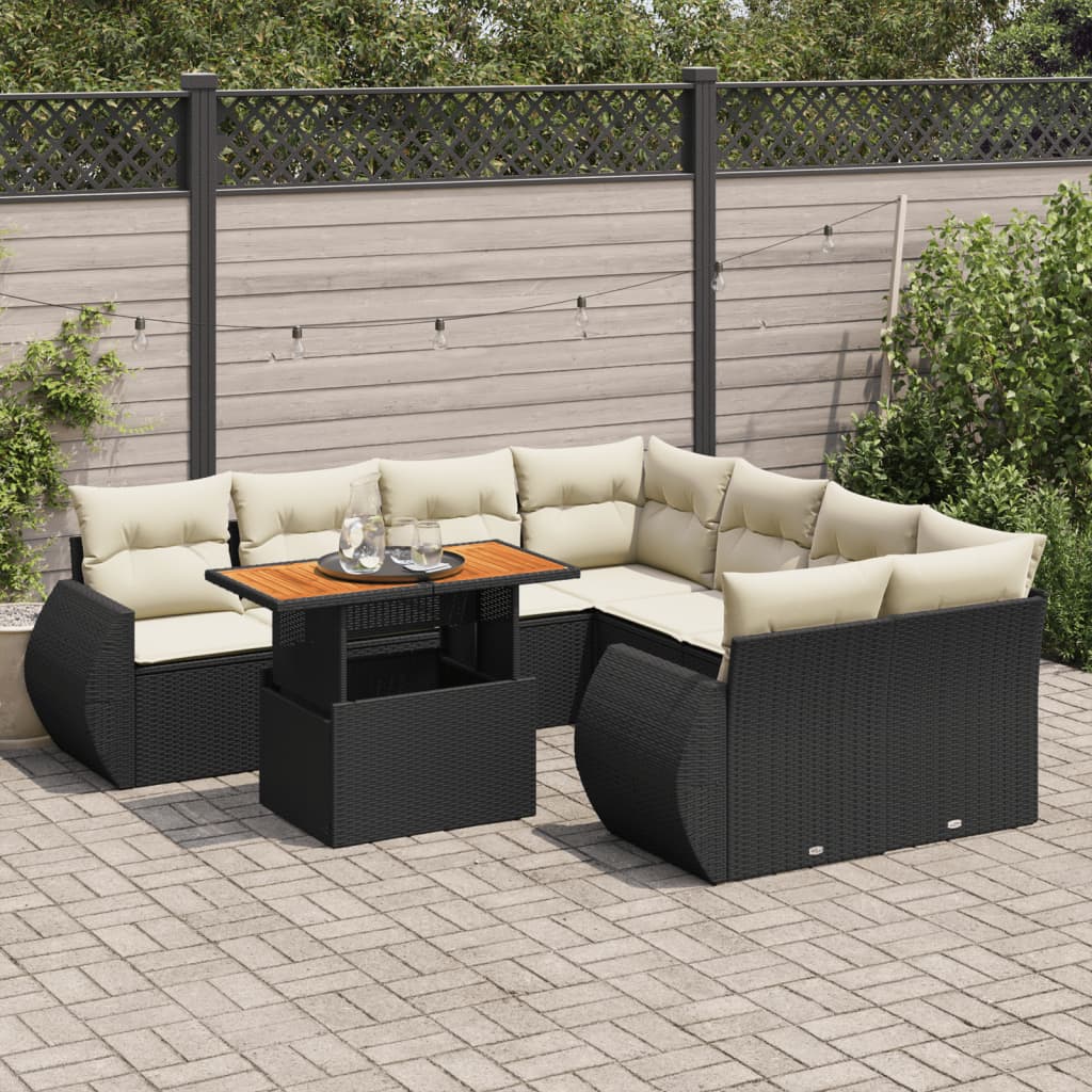 VidaXL 9-delige Loungeset met kussens poly rattan zwart