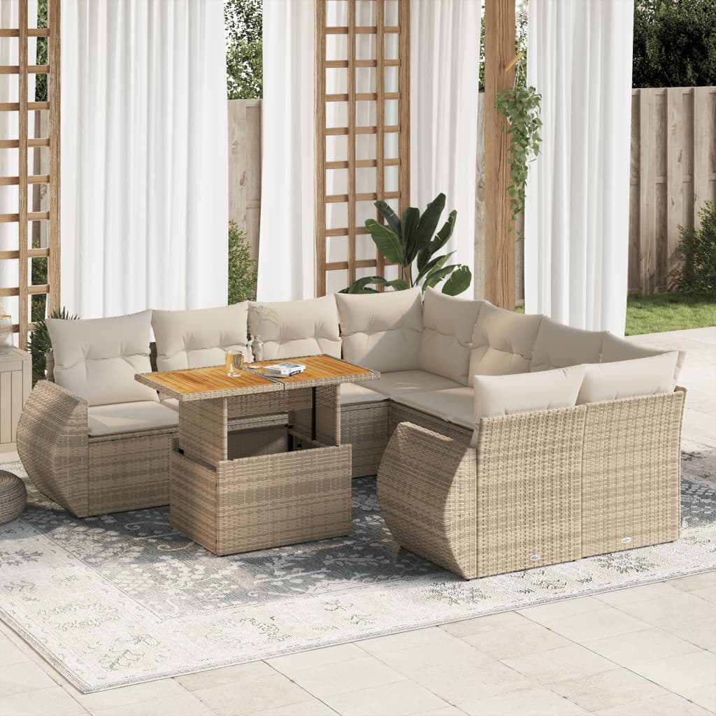 VidaXL 9-delige Loungeset met kussens poly rattan beige