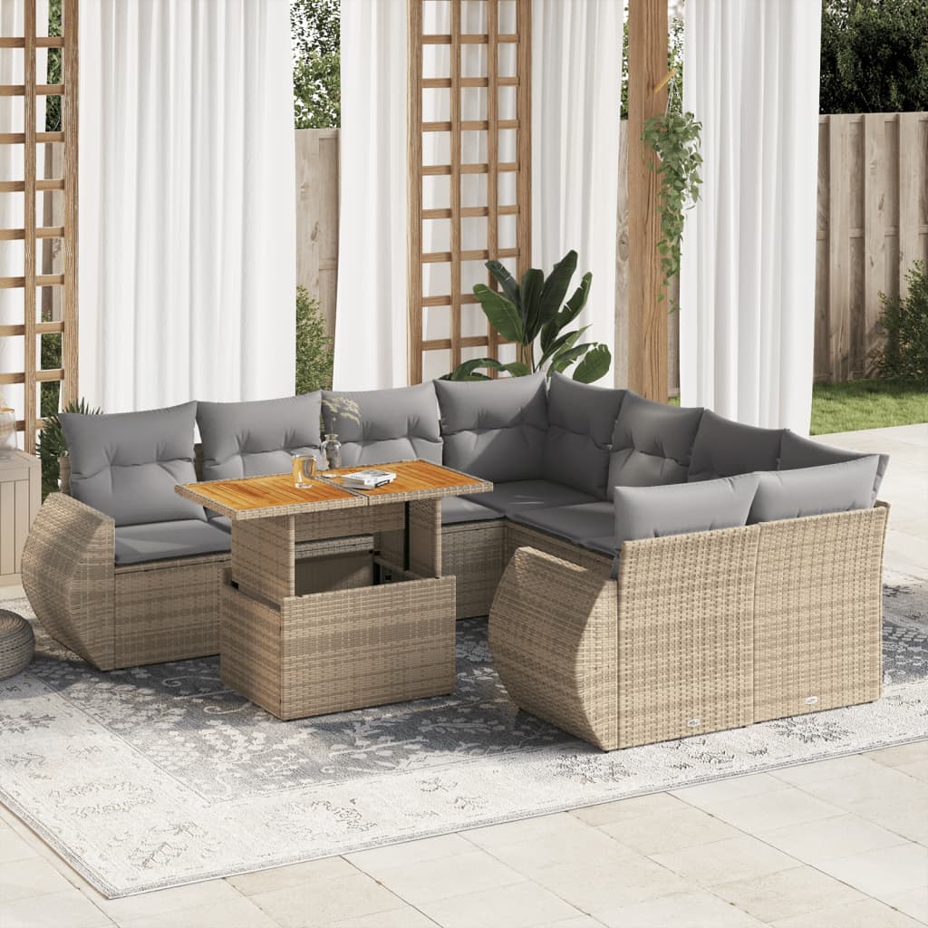 VidaXL 9-delige Loungeset met kussens poly rattan beige