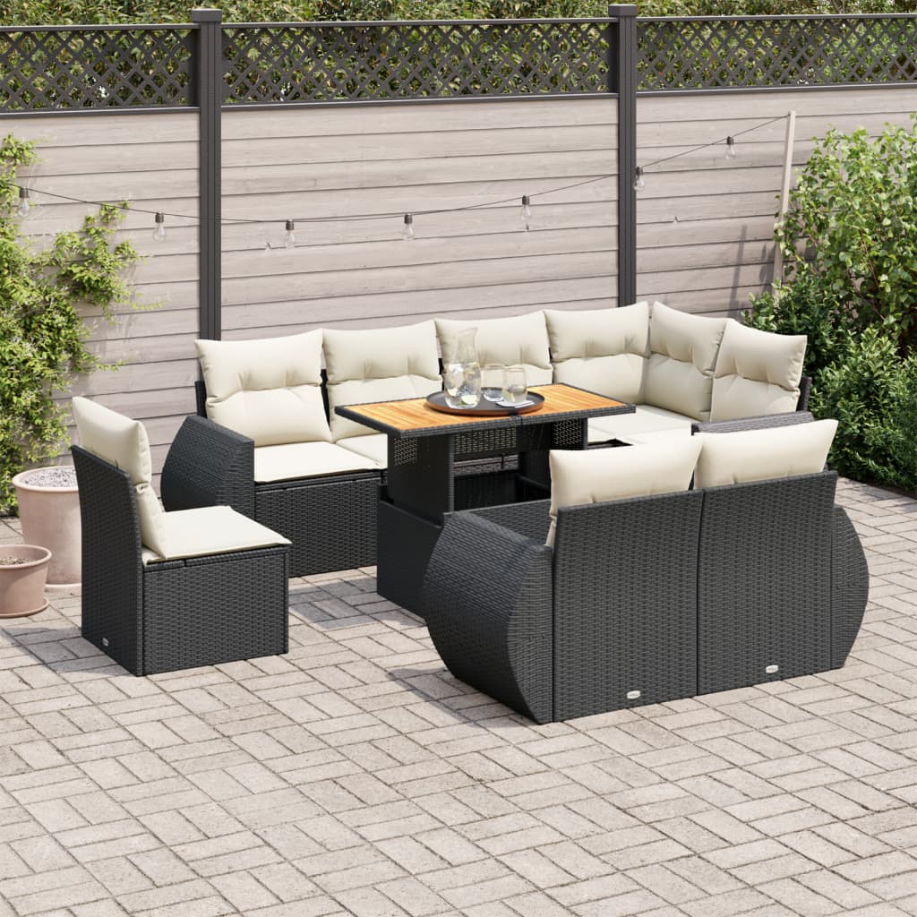 VidaXL 9-delige Loungeset met kussens poly rattan zwart