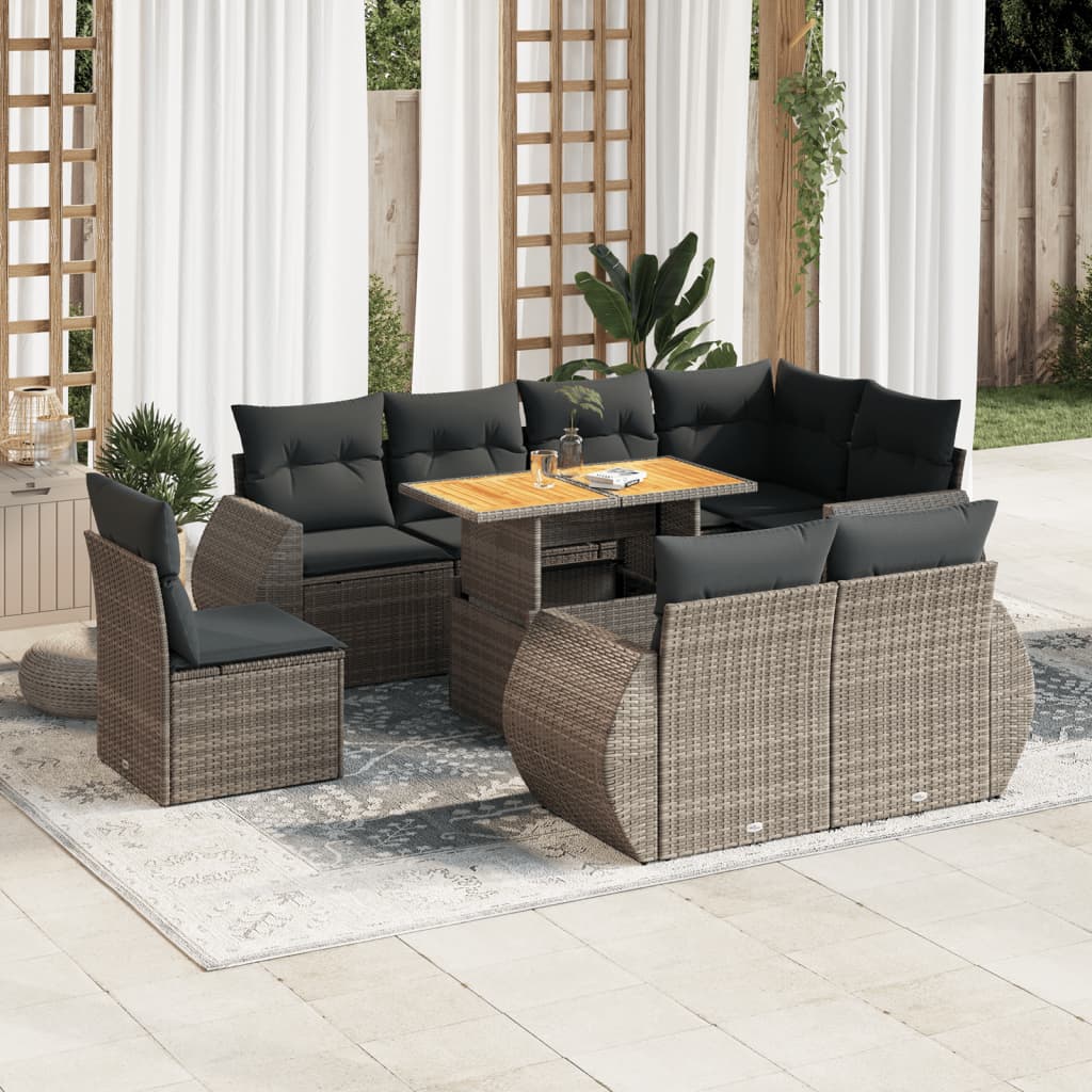 VidaXL 9-delige Loungeset met kussens poly rattan grijs