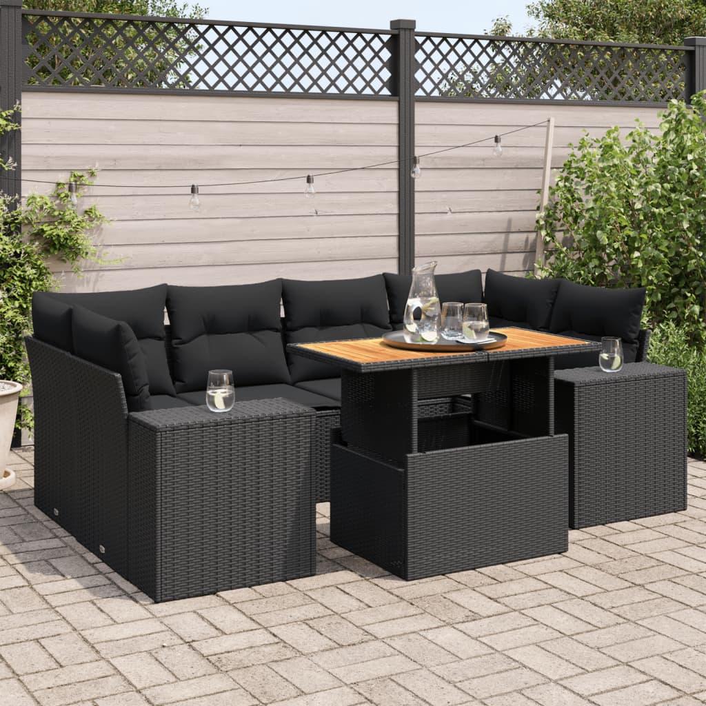 VidaXL 7-delige Loungeset met kussens poly rattan zwart