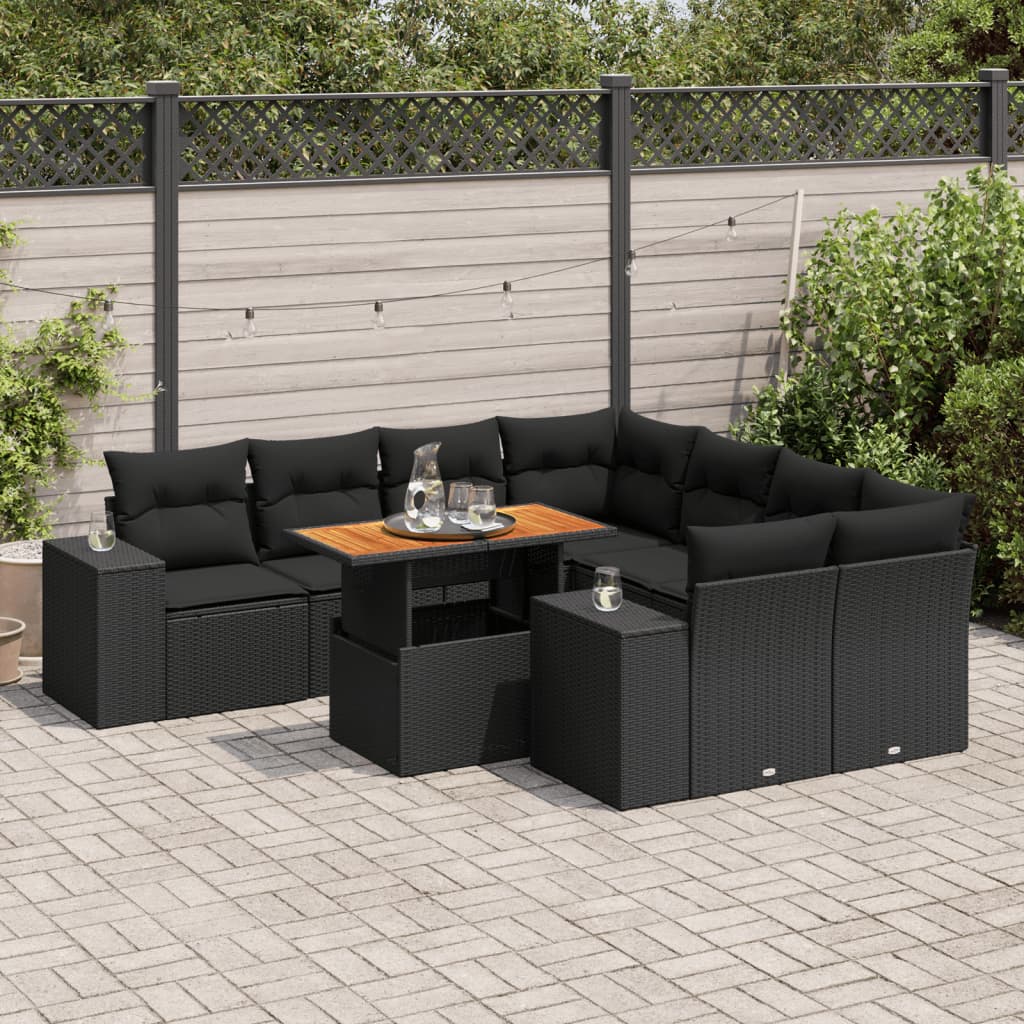 VidaXL 9-delige Loungeset met kussens poly rattan zwart