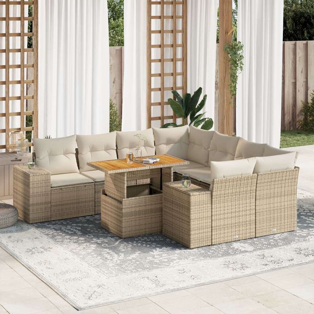 VidaXL 9-delige Loungeset met kussens poly rattan beige