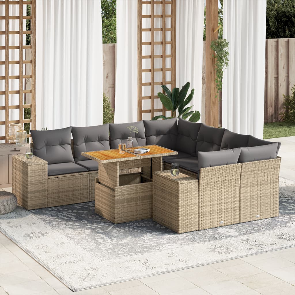 VidaXL 9-delige Loungeset met kussens poly rattan beige