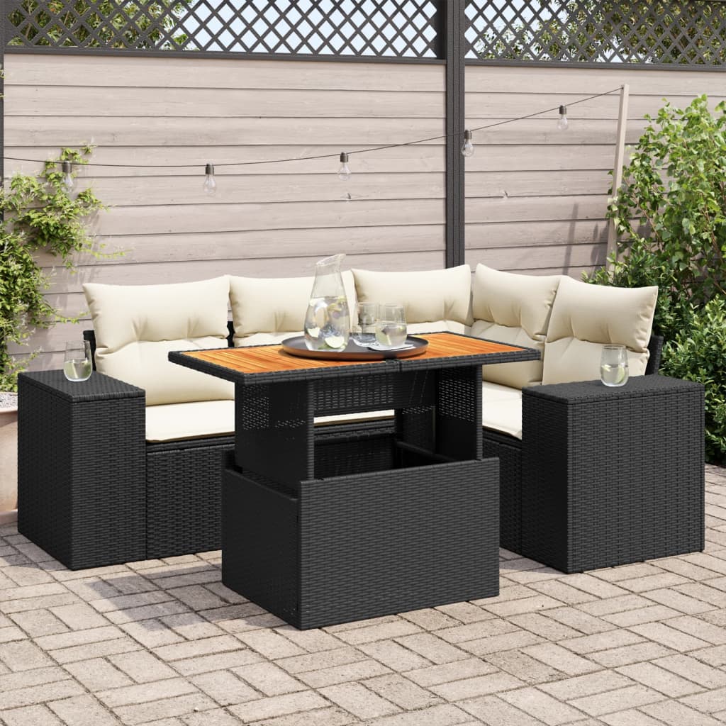 VidaXL 5-delige Loungeset met kussens poly rattan zwart