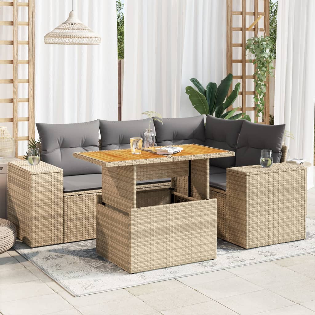 VidaXL 5-delige Loungeset met kussens poly rattan beige